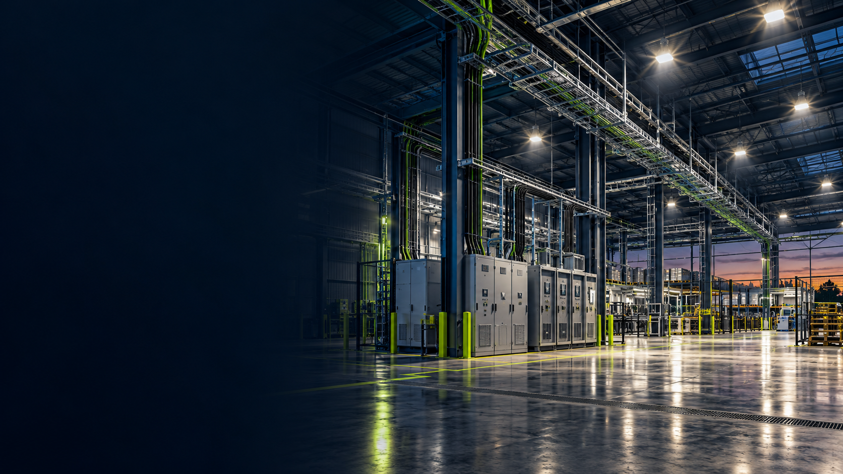 Instalação industrial iluminada por luminárias de alto desempenho