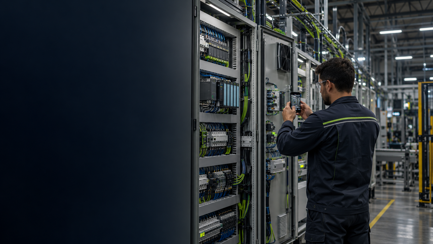 Profissional registrando um painel de automação industrial com um celular